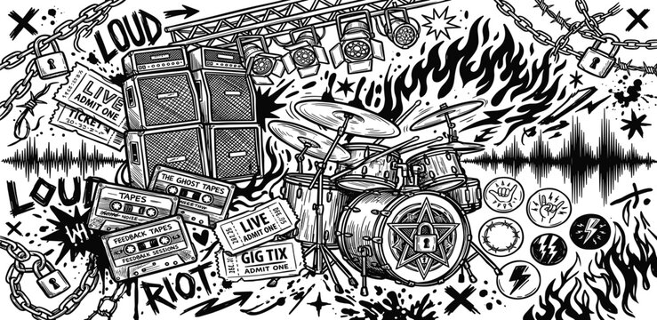 Dynamic black and white illustration capturing the raw energy of a live rock concert with powerful drums, stacks of amps, and rebellious punk-inspired elements