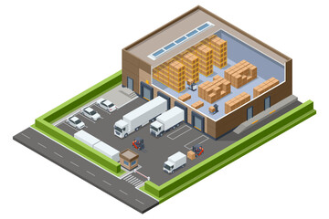 Obraz premium Isometric view of a logistics center building with open docks and loading ramps. This illustration depicts a smart industrial facility for efficient freight transport and distribution.