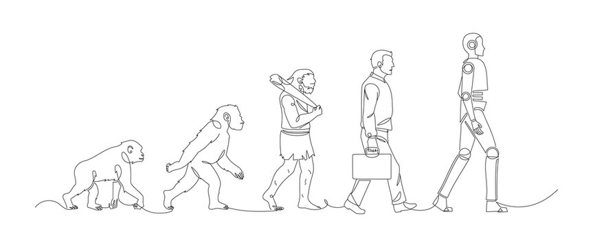 Human Evolution To Robot One Line Illustration. Continuous line drawing showing evolution from primate to modern human and robot. Perfect for technology and future concepts. Vector illustration