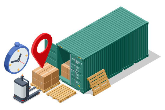 Isometric shipping container with pallet jack, box cargo, location pin and clock. Warehouse logistics concept shows timed delivery, container storage, freight tracking and supply chain control