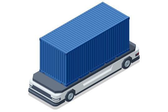 Isometric autonomous flatbed truck with blue shipping container isolated on white background. Smart logistics concept shows robotic cargo transport, warehouse automation and modern freight deliver