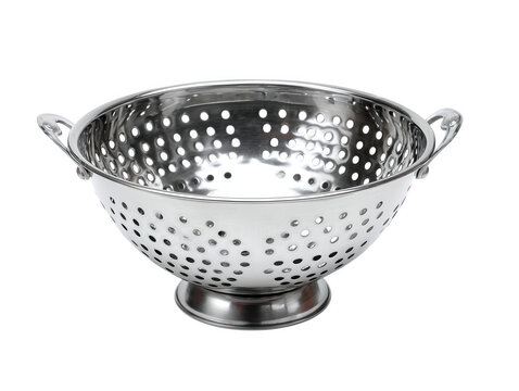 Stainless steel colander with handles isolated on transparent background