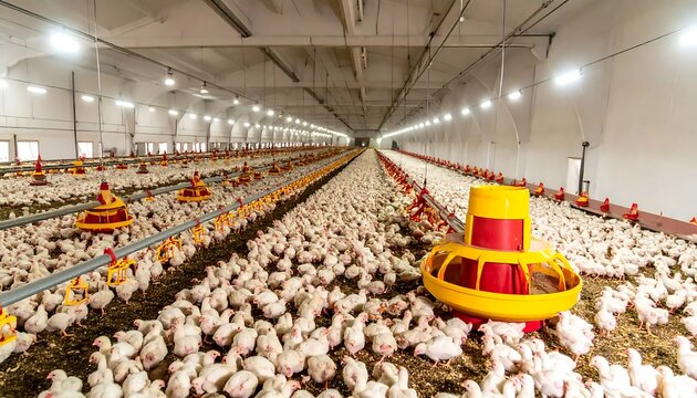 Large industrial chicken farm interior.