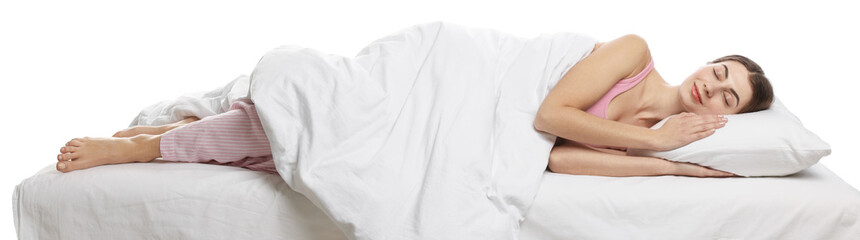 Obraz premium Woman covering with blanket sleeping in bed against white background