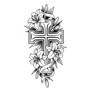 Elegant cross tattoo design adorned with blooming lilies and flowing ribbon, symbolizing faith and remembrance