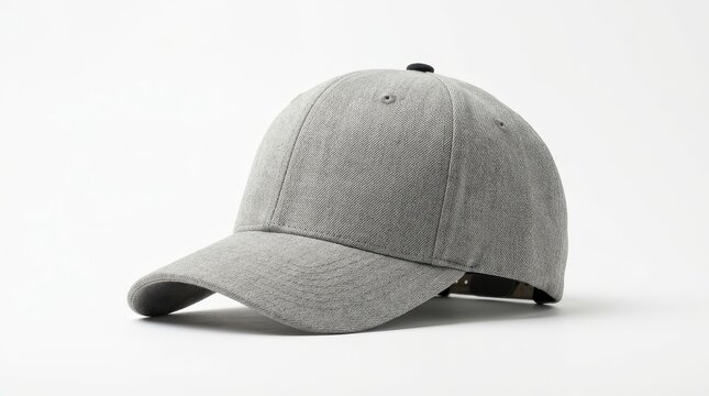 Grey baseball cap on pure white background angled perspective