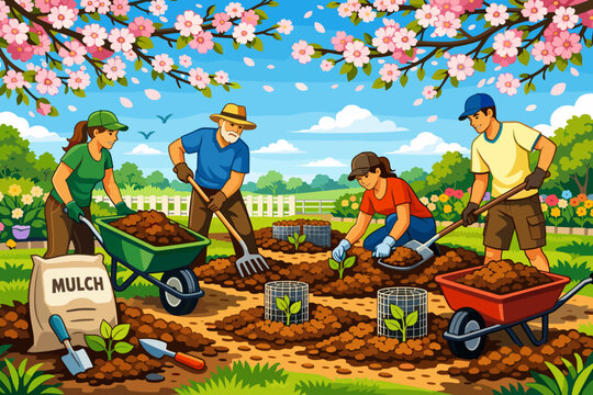 Gardening team working in a colorful garden during a sunny day with flowers and trees around them