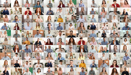 Naklejka premium Group video chat. Many people during online meeting, web camera view