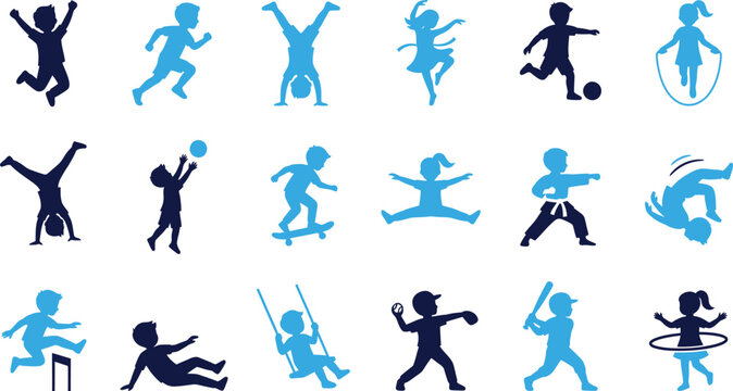 Set of blue and dark blue icons depicting children engaged in various sports and recreational activities like jumping, running, and playing.