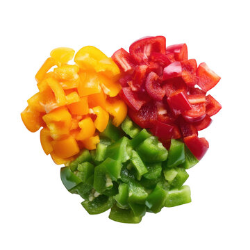 Fresh mixed bell peppers and carrots heart shape cutout isolated on transparent background