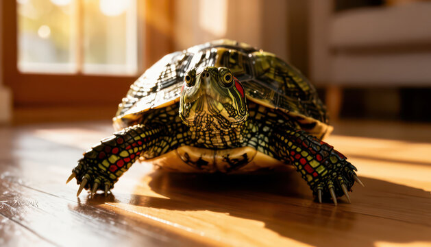 A turtle moves along a wooden floor in bright sunlight. This turtle displays a colorful shell and vivid markings, creating a striking presence indoors.
