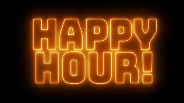 Bright neon &ldquo;Happy Hour&rdquo; sign with luminous glow and haze effect, vibrant bar, nightlife, and promotion concept. Happy Hour neon sign. Happy Hour text font with light.