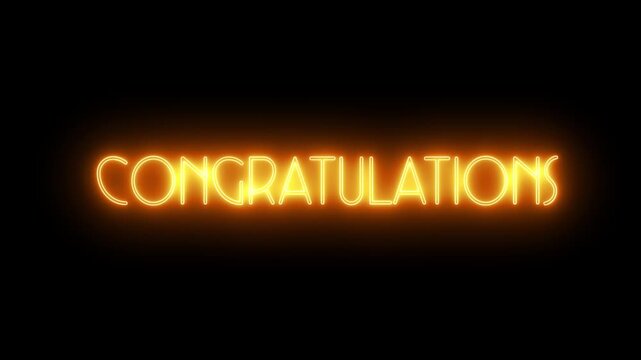 &ldquo;Congratulations&rdquo; neon text animation with glowing light and shimmering haze effect on dark background. 4K looping &ldquo;Congratulations&rdquo; neon sign animation with luminous glow, ideal for celebrations, ach