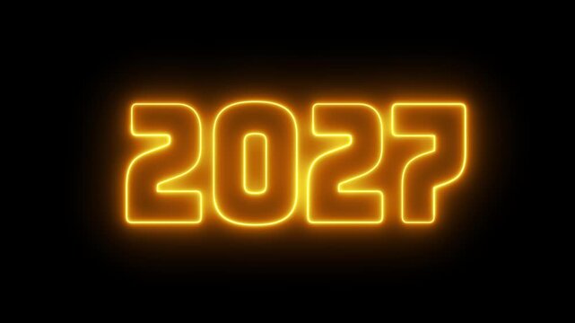4K looping &ldquo;2027&rdquo; neon sign animation with luminous glow, ideal for celebrations, countdowns, and digital screens. Happy New Year concept.
