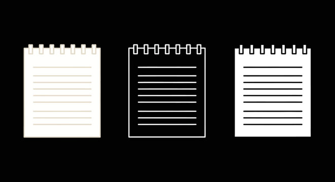 Set of three spiral-bound notepad icon illustrations on a dark background.