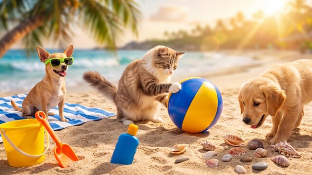 Chihuahua in sunglasses on beach towel as ragdoll cat plays with beach ball and golden retriever puppy sniffs it amid shells and shovel. Animal beach playtime concept at sunset