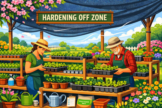Workers preparing plants in a hardening off zone at a garden center during daylight hours
