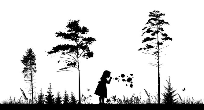 Silhouette of a girl blowing soap bubbles outdoors . Not AI, vector illustration.