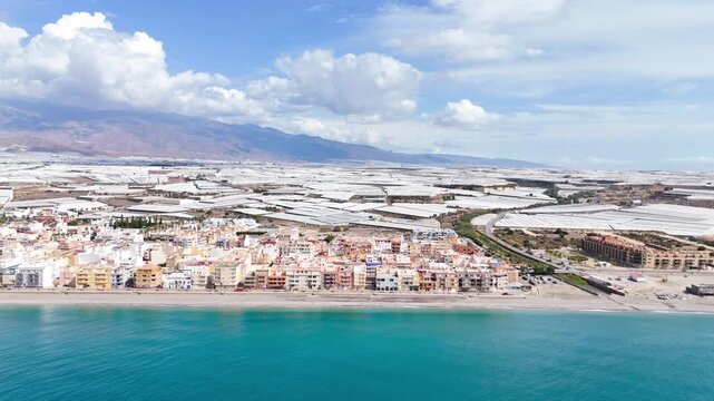 beach city drone vacation travel town sea coast landscape water business greenhouse industry success field agriculture - Balerma, Andalusia, Spain - 2025