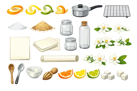 Collection of cooking ingredients and tools for making sweets in a kitchen setup