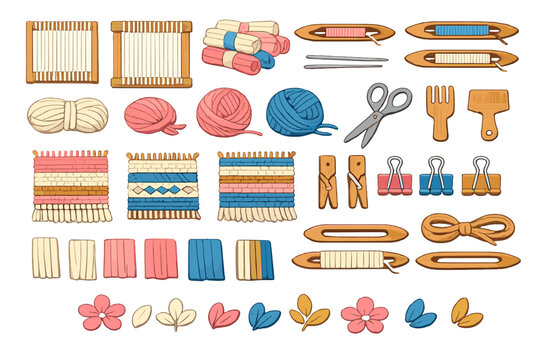 Crafting tools and materials for weaving and sewing displayed on a light background