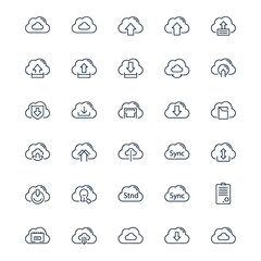 Obraz premium Minimalist Cloud Computing and Storage Line Icon Set. Vector Collection of Upload, Download, Sync, and Security Symbols for Web Design, Apps, and Data Management Branding.
