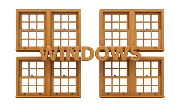 Traditional wooden double hung windows 3d rendering set with oak grain texture and bronze hardware on white background