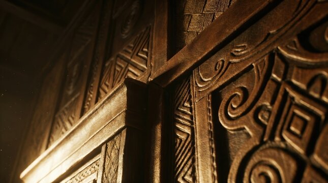 Cinematic perspective of brown decorative pattern background from a low angle with dramatic lighting and shadows.. This dynamic
