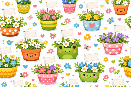 Colorful pots with flowers and cute characters in a cheerful garden design for spring decorations