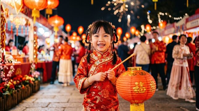 Smiling child in traditional red silk clothing holding a glowing paper lantern during a Chinese New Year festival. High-key
