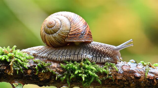 Closeup of a garden snail slowly crawling on a mosscovered branch in nature.