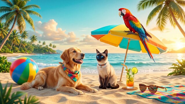 Golden retriever dog lounging on tropical beach with Siamese cat and red macaw parrot on umbrella. Summer vacation relaxation scene featuring beach ball drink and sunset ocean view