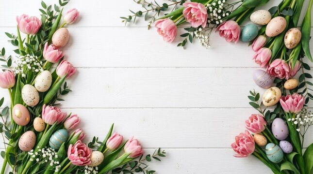 Spring floral border featuring pastel colored eggs and pink tulips on a clean white wood texture background. High-key lighting