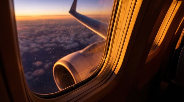 Cinematic perspective of airplane window view during sunset from a low angle with dramatic lighting and shadows.. This dynamic