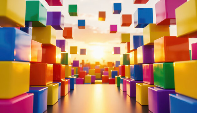 Colorful blocks create a structured scene with cubes of various colors. The sunset illuminates the blocks, enhancing the vibrant blocks with warm light.