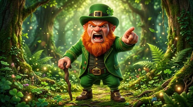 Angry cartoon leprechaun character with a bright orange beard pointing his finger aggressively in a vibrant green forest. This