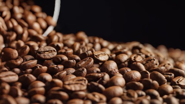 Closeup shot of roasted coffee beans spilling from a container.