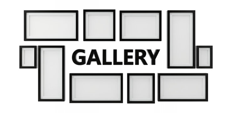 Minimalist 3D black picture frames and gallery text on white background for creative portfolio layout