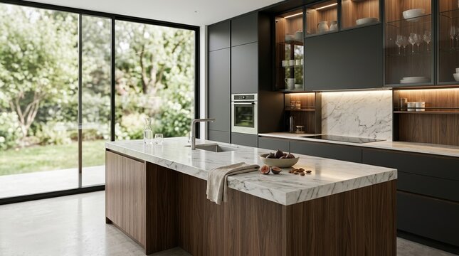 Contemporary kitchen interior with clean design, a large window showing a blurred garden, and integrated lighting with soft light.