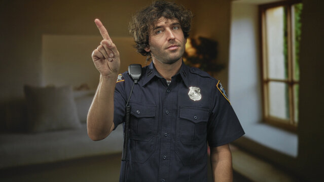 Man police officer points finger toward viewer with radio mic visible inside building; authority safety control.
