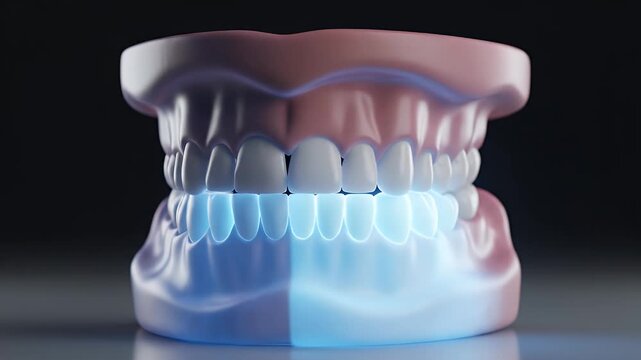 Detailed CGI visualization of a human jaw model with distinct tooth numbering system concept featuring a blue glow highlighting different dental sections on a dark background for educational purposes