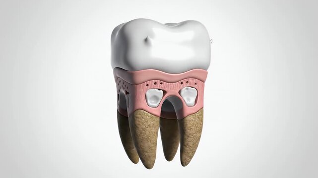 Detailed CGI visualization of a human molar tooth cross section showing crown pulp chamber dentin enamel cementum and roots perfect for dental education and anatomical study on a clean background