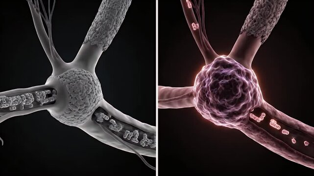 Detailed CGI visualization of a neuron cell body and axon with synaptic vesicles in a dark medical background suitable for neuroscience education and research presentations