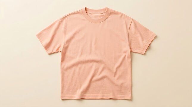 Minimalist peach cotton t-shirt flat lay on neutral background for apparel branding and design mockup