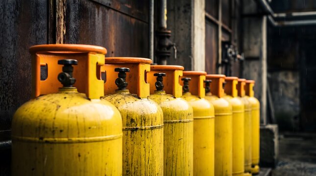 Rows of industrial gas cylinders in a dark storage facility