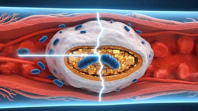 Detailed CGI visualization of a ruptured atherosclerotic plaque with cholesterol crystals and bacteria within a blood vessel showing red blood cells and vessel wall layers for medical education
