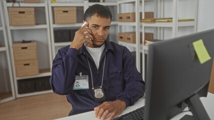 Fototapeta premium Man detective holding phone to ear with badge visible at investigation building desk while checking smartphone and computer monitor; concerned focus.