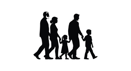 A family of five walks together depicted in a striking black silhouette showcasing unity and connection high quality professional detailed modern © GDMala02