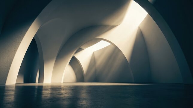 Cinematic perspective of minimal white arch interior design from a low angle with dramatic lighting and shadows.. This dynamic