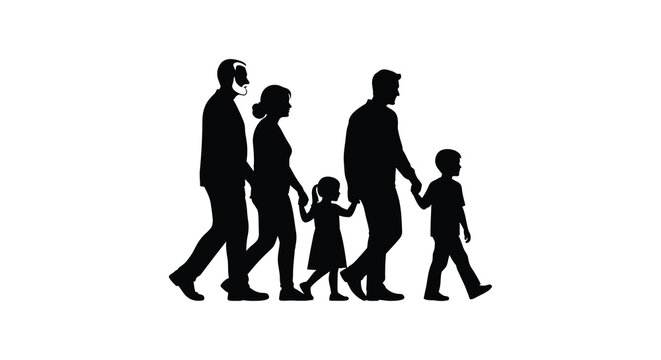 A family of five walks together depicted in a striking black silhouette showcasing unity and connection high quality professional detailed modern